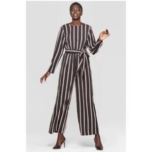Who What Wear Jumpsuit Women's Black Purple Large Striped Long Sleeve Wide Leg